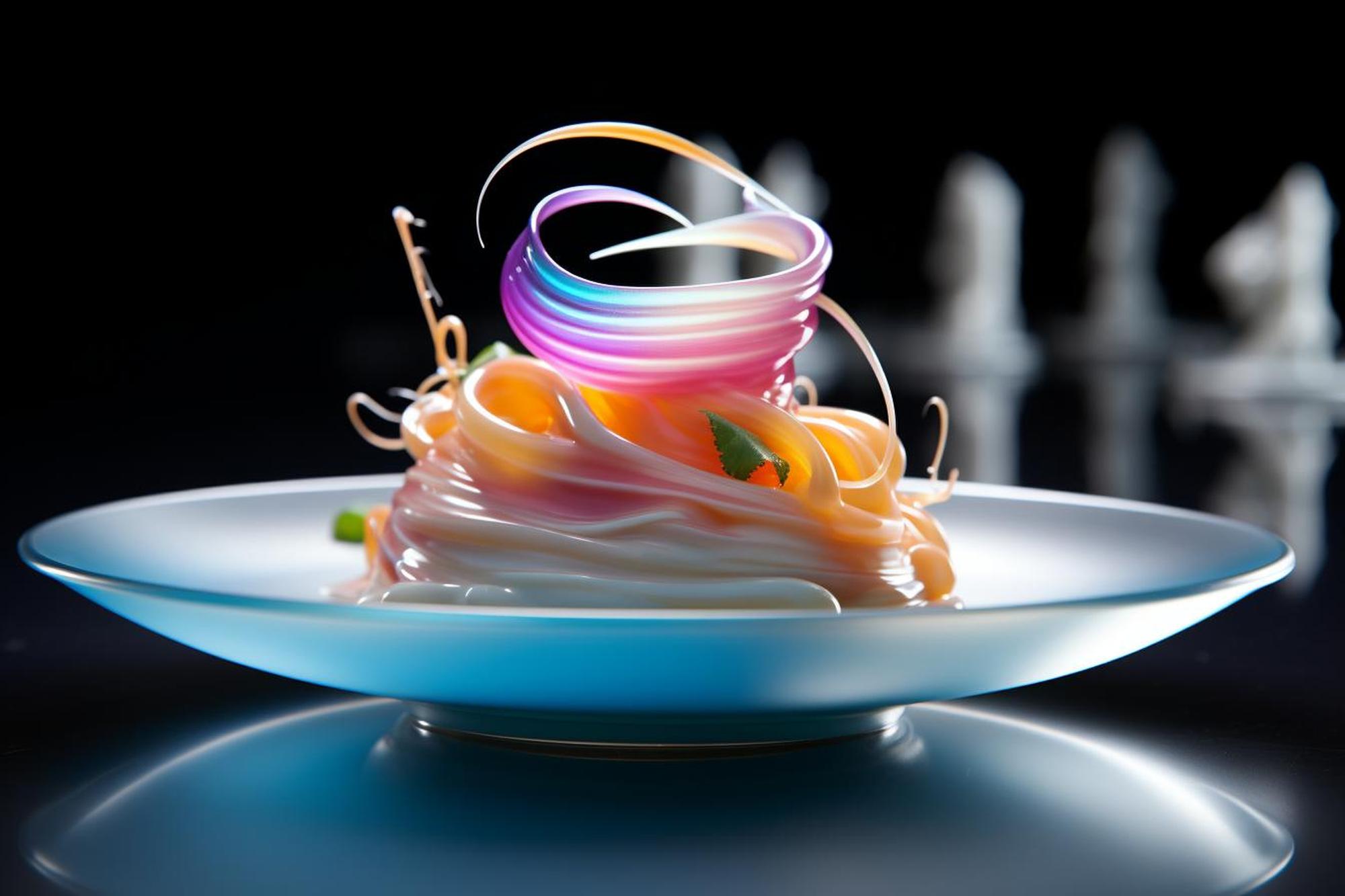 Large editorial shot of plated dish with neon accents