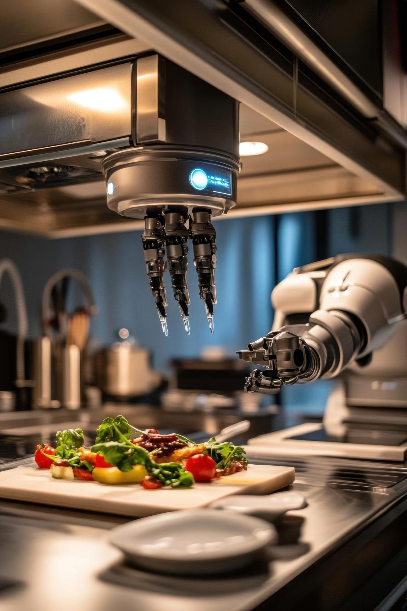 Close-up of robotic kitchen arm and plated food