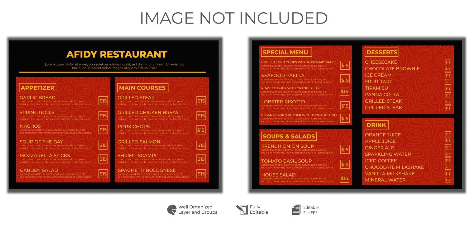 Pricing concept board with sample menus